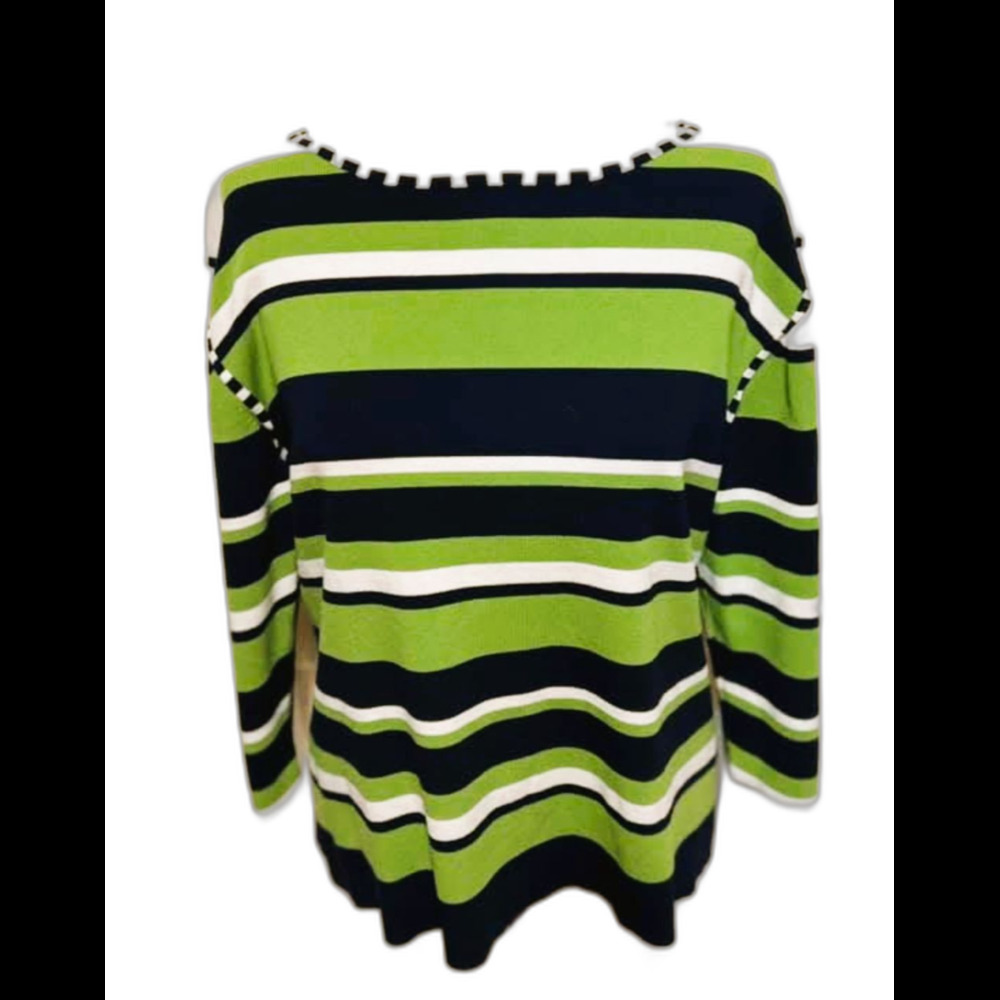 Dressbarn Lime Green/Navy Striped 3/4 Sleeve Round Neck Top - Size XL